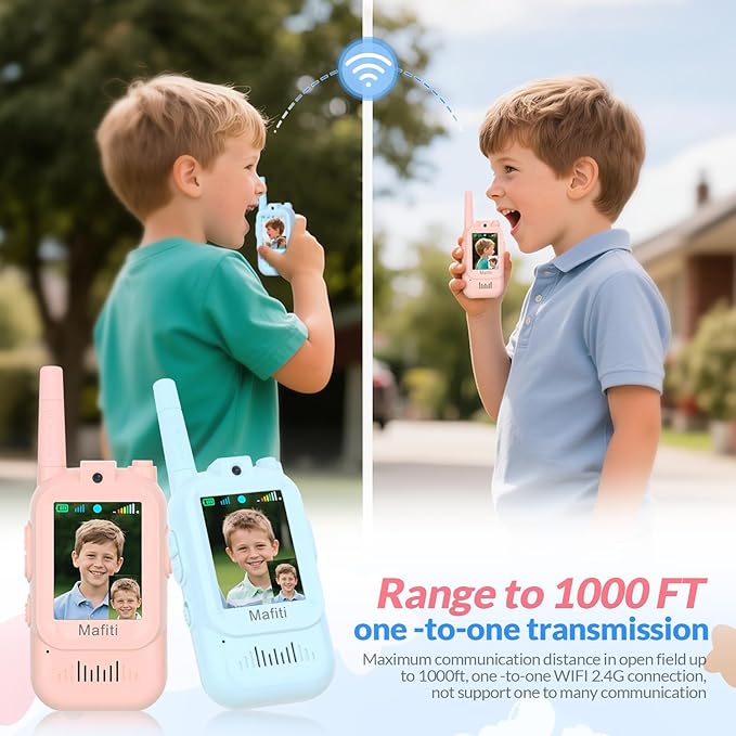 Mafiti Video Walkie Talkies for Kids 2 Pack Rechargeable Birthday Gift Toddler Toys for 3 4 5 6 7 8 Year Old Boys Girls 1000 Feets Long Range Indoor Outdoor Play(Blue+Pink)