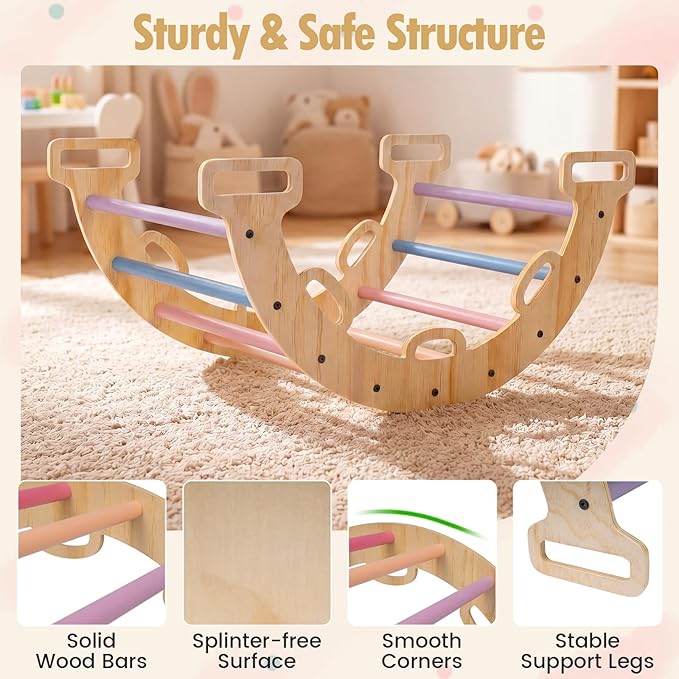 Costzon Wooden Rocking Climbing Arch w/Cushion, 3-in-1 Montessori Kids Climber Rocker for Toddlers, Playground Climbing Ladder Toy, Indoor Gym Learning Playset for Boys Girls Ages 1+ (Multi-Color)