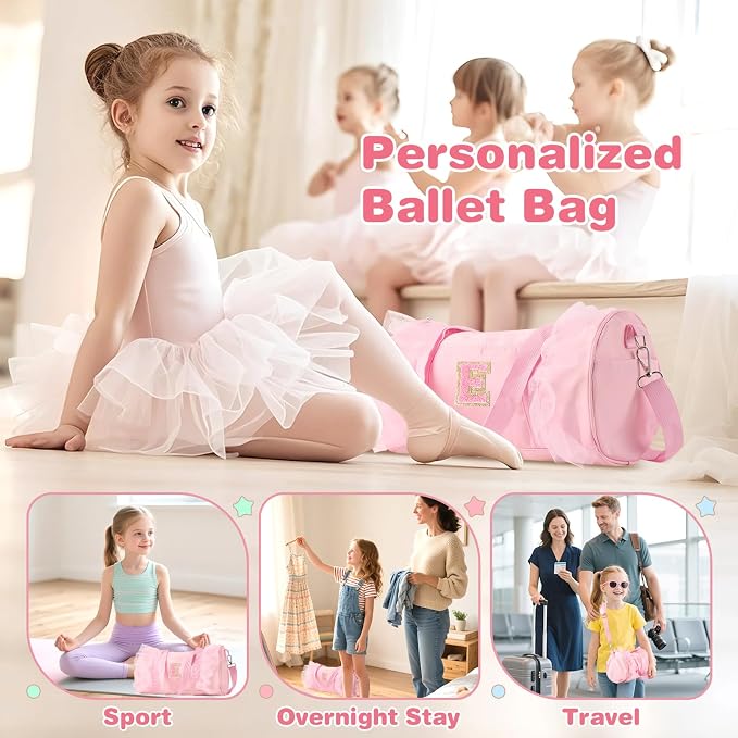 Personalized Initial Dance Bag for Girls 4-6, Small Lace Gym Sport Yoga Cheer Dance Bags Gift for Teen Girls, Cute Letter Kids Ballet Bag Toddler Travel Duffel Tote with Adjustable Straps(Pink-E)
