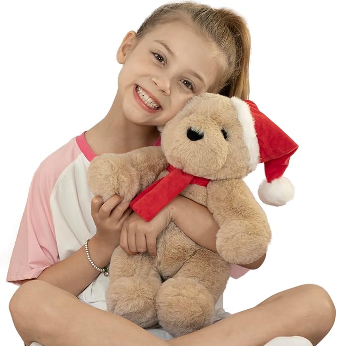 MorisMos Teddy Bear Stuffed Animal, 14'' Christmas Teddy Bear 2025 with Santa Hat & Scarf, 180° Joints Posed Plush Toy, Soft Stuffed Christmas Toys for Kid Girl Boy Max Decoration Birthday Gift, Tan