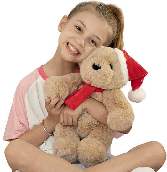 MorisMos Teddy Bear Stuffed Animal, 14'' Christmas Teddy Bear 2025 with Santa Hat & Scarf, 180° Joints Posed Plush Toy, Soft Stuffed Christmas Toys for Kid Girl Boy Max Decoration Birthday Gift, Tan