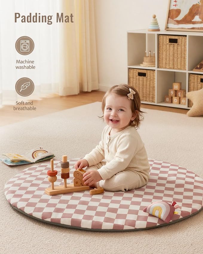 Blissful Diary Baby Play Gym Mat, Play Mat Activity Mat with 6 Detachable Toys for Stage-Based Sensory & Motor Skill Development, Easy to Install & Clean, Baby Essentials Gift, Blush Checkered