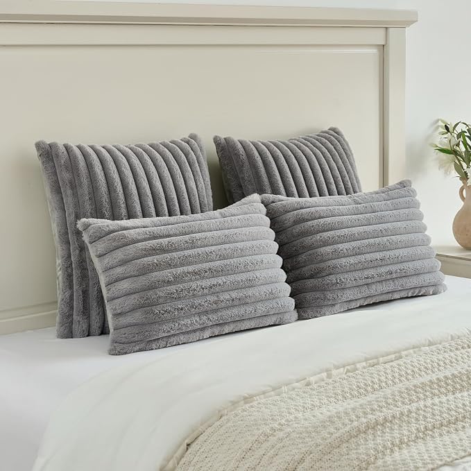 FUTEI Pack of 2 Faux Fur Throw Pillow Covers 26x26 Inch, Grey | Fluffy Faux Rabbit Fur Front/Premium Velvet Back,Hidden Zipper,Machine Washable,Non-Shedding,Colorfast,Insert Not Included.