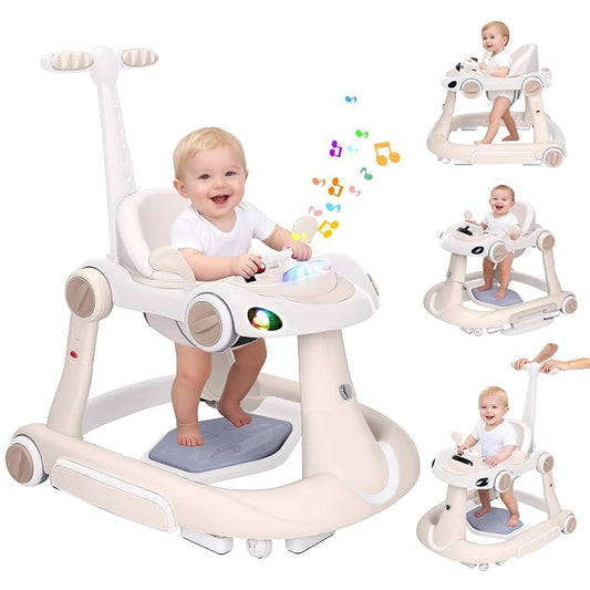 Baby Walker, 4-in-1 Baby Walker with Wheels Portable, Foldable Infant Toddler Walker for Boys Girls 6-18 Month (Beige)
