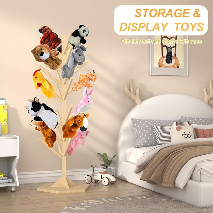 Wooden Puppet Stand – 45.5" Tall Puppet Tree Holds 30 Hand Puppets, Durable Anti-Crush Design for Safe Storage and Display