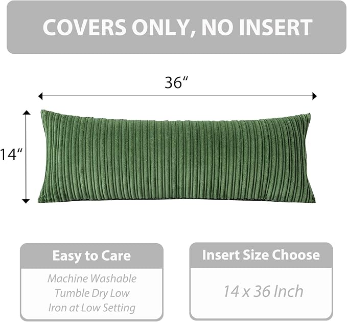 UGASA 14x36 Inch Pillow Cover Pack of 1 Soft Boho Stripe Corduroy Large Long Rectangular Lumbar Cushion Cover Farmhouse Decorative Throw Pillowcase for Bed Couch Sofa Bedroom Living Room, Moss Green