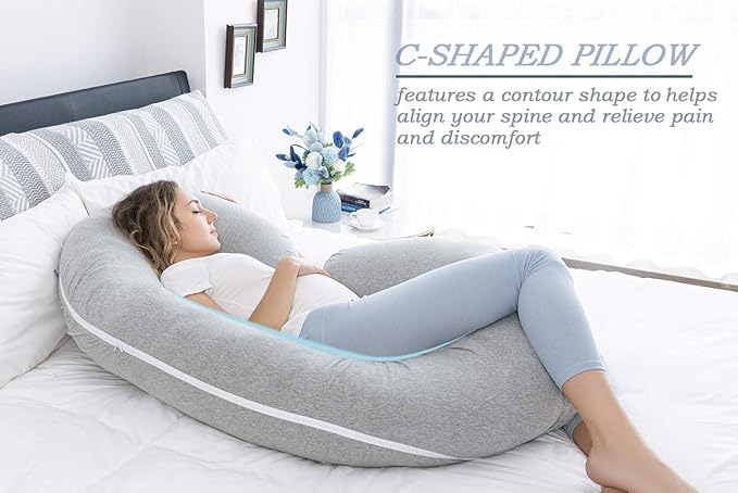 INSEN Pregnancy Pillow for Sleeping, Maternity Pillow with Jersey Cotton Cover,C Shaped Body Pillow for Pregnant (Natural Gray)
