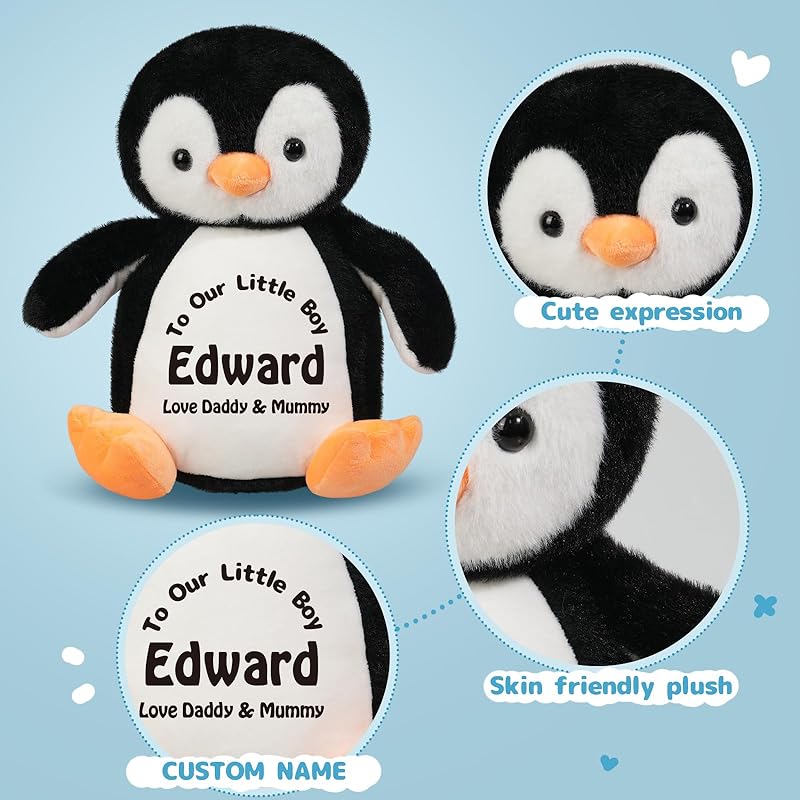 Custom Penguin Stuffed Animal with Name Date, 13.8" Personalized Cute Penguin Plush for Boy Girl Kids Birthday Christmas Bedtime Gifts