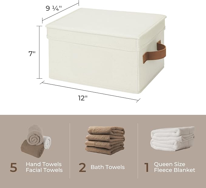 StorageWorks Storage Bins with Lids, Decorative Storage Boxes with Lid and PU Handles, Foldable Storage Baskets for Closet, Shelves, Stackable, Ivory, Medium, 3-Pack | Lidded Dust-proof, Easy Pull Handles, Foldable, Stackable, Ideal for Clothes Blanket...