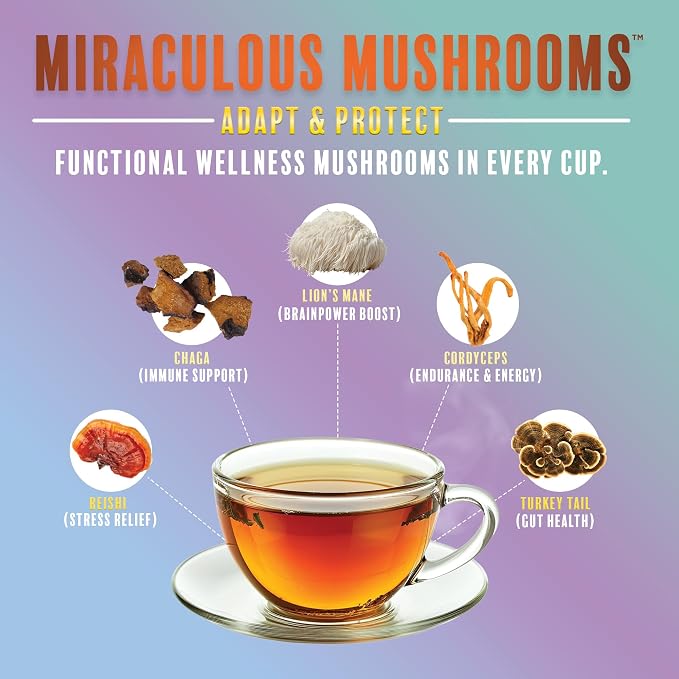 Teeccino Miraculous Mushrooms Adapt & Protect Herbal Tea By Teeccino, 25 Tea Bags - Five Organic Adaptogenic Mushrooms with Chicory & Cacao, 3x More Herbs than Regular Tea Bags, Caffeine Free, Prebiotic