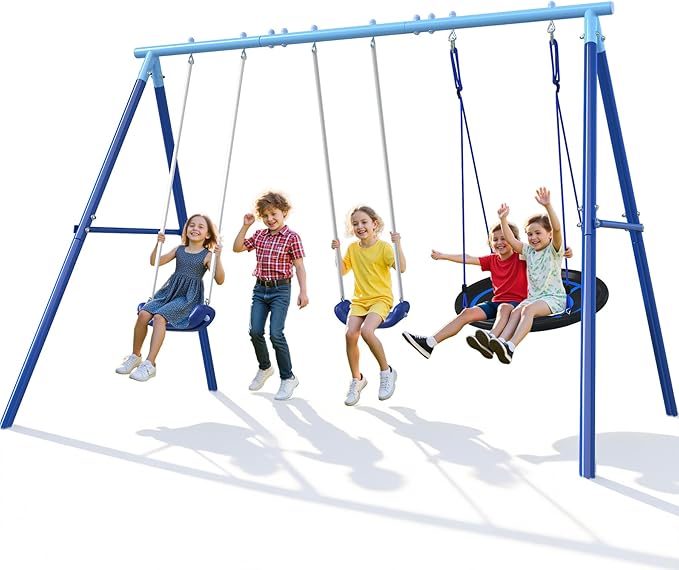 Heavy Duty Swing Set for Kids Ages 3-8 - 600 lbs Capacity Outdoor Metal A-Frame Playset, 3-in-1 Backyard Playground Equipment with 2 Blow Molded Belt Swings and 32" Saucer Swing