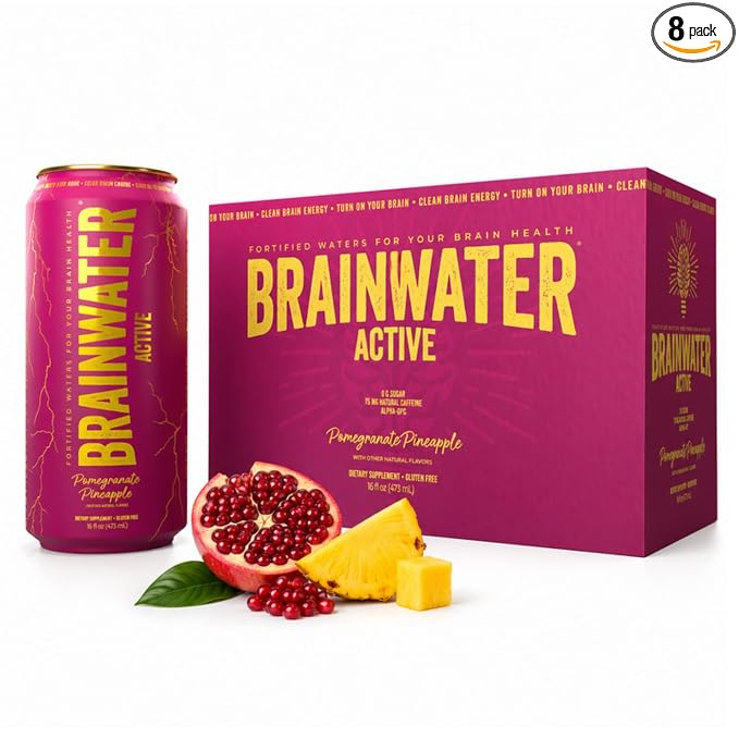 BrainJuice BrainWater Calm, Water for Clean Energy, Focus & Relaxation Support, Gluten Free, Zero Sugar Drinks with Ashwagandha, Alpha GPC, Vitamin C & B, Organic Green Tea, 8 Pack (Pomegranate Pineapple)