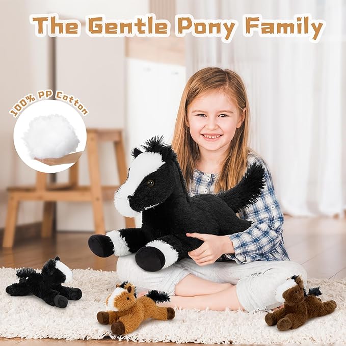 Tezituor 4Pcs Horse Stuffed Animal Set, 21inch Large Stuffed Mommy Horse with 4 Babies Pony Toys, Black Stuffed Pony Plush Pillow for Boys Girls