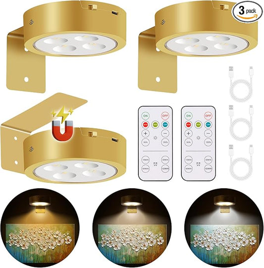 MIOBLUE 3-Pack Picture Lights for Wall, Rechargeable Battery Operated Painting Light with Remote Control Dimmable and Timer, 3 Lighting Modes Magnetic Art Display Puck Light for Home Decor
