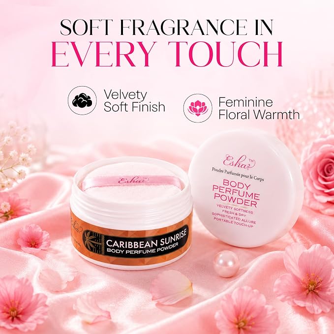 Esha Body Perfume Powder - Fragrance Body Dusting Powder for Women - Long Lasting Silky Lightweight Formula - Helps Absorb Moisture & Oil (Caribbean Sunrise)