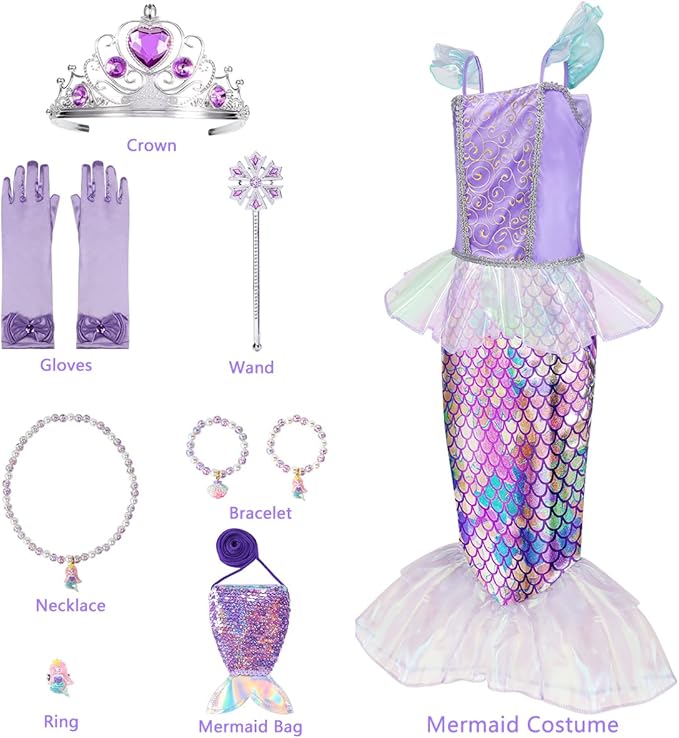 Meland Mermaid Dress - Little Mermaid Costume with Bag for Girls 3-10, Princess Dress Up for Birthday Gift, Halloween Costume