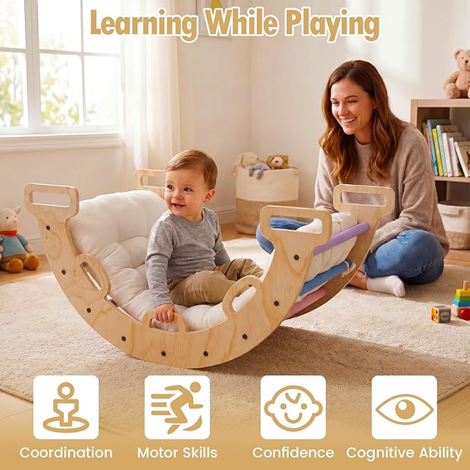 Costzon Wooden Rocking Climbing Arch w/Cushion, 3-in-1 Montessori Kids Climber Rocker for Toddlers, Playground Climbing Ladder Toy, Indoor Gym Learning Playset for Boys Girls Ages 1+ (Multi-Color)