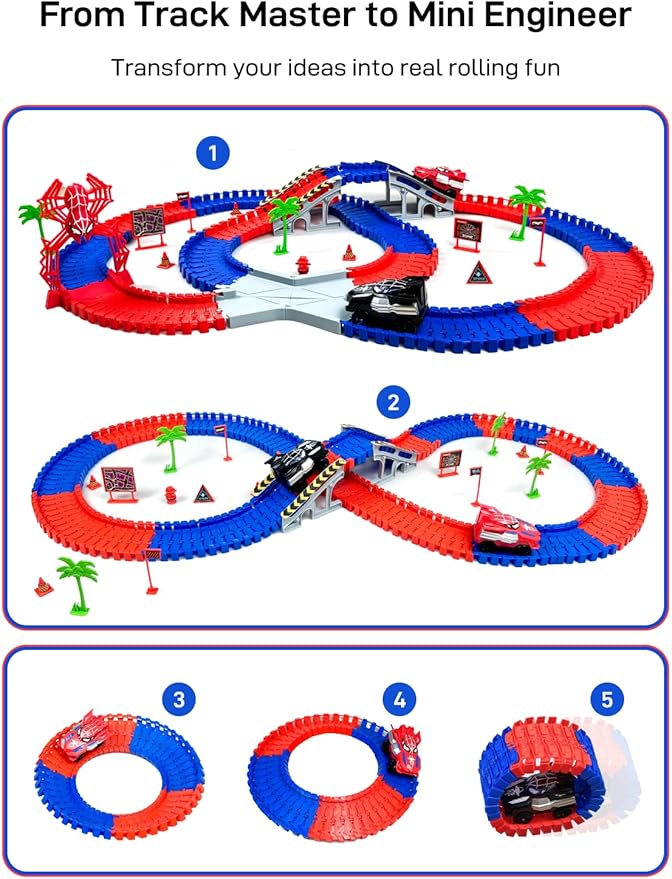 Spider Toys for Ages 5-7, Spider Race Track with 2 pcs Spider Cars Toys for 3 4 5 6 Year old Boys Girls DIY Flexible Tracks Playset Creative STEM Building Car Tracks for Kids Age 3-5 6-8 Birthday Gift