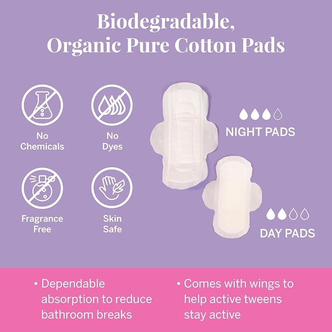 Pixie Organic Cotton Pad Kit for Girls – 64ct Mini & 48ct Regular Pads with Wipes – Leak-Proof with Wings – Perfect for Teens & Light to Average Flow