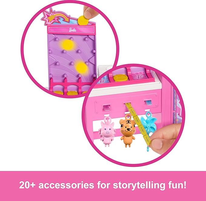 Barbie Mysteries: Beach Detectives Malibu” Doll & Cotton Candy Game Booth Playset with 20 Accessories Including Prizes