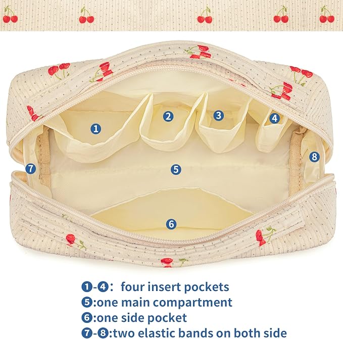 Bluboon Makeup Bag Zipper Pouch Travel Portable Cosmetic Bag Organizer for Women and Girls(Cherry Corduroy beige)