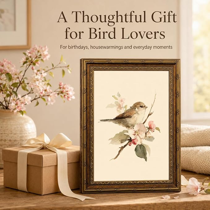 Gold Framed Bird Wall Art, Vintage Sparrow and Blossoms Canvas, 12x16in | Beige sparrow artwork with neutral vintage style for bedroom, nursery, kitchen, classroom, hallway, or living room.