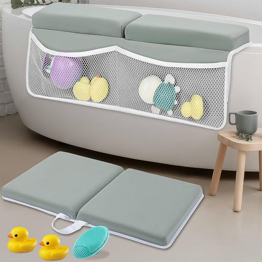 Comfortable Baby Bath Kneeler and Elbow Rest Pad Set,Quick Dry Soft Kneeling Pad,Baby Bathtub Cushion with Toy Organizer for Bathing Infant or Toddler - Grey Green