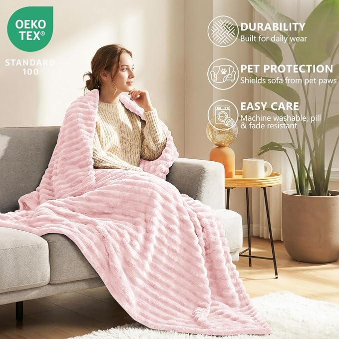 HIMEET Pink Oversized Throw Blanket, 300GSM Ribbed Fleece, 50 x 70 Inches | Ultra Soft Flannel, All-Season Lightweight Warmth, Extra Coverage for Couch Lounging, Home Room Decor, Machine Washable