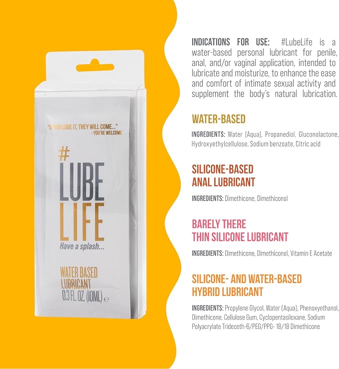 LUBELIFE Adventurer's Assortment Pack, Personal Lubricants, Silicone and Water-Based Hybrid, Barely There Thin, Anal Lube for Men, Women and Couples, 8 x 0.3 oz