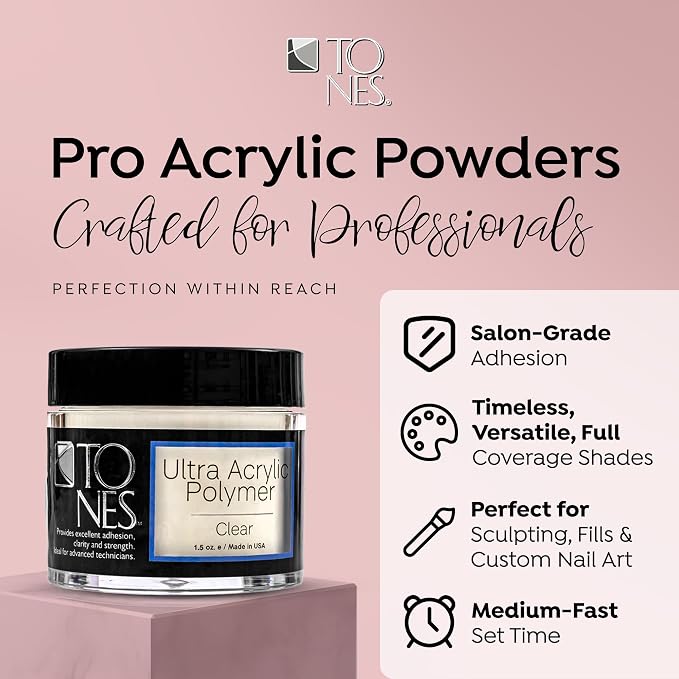 Tones Pro Acrylic Nail Powder, Sparkling Clear (Clear with Sparkles), (1.5 Fl Oz) - Long-Lasting & Non-Yellowing Polymer for Salon Quality Nail Extensions & 3D Art