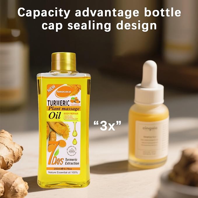 200ml Turmeric Body Oil for Massage & Daily Hydration, Deep Moisturizing with Vitamin E, Collagen, Turmeric Oil for Face and Skin, Self-Massage & At-Home Skin Routine (6.7 fl oz)