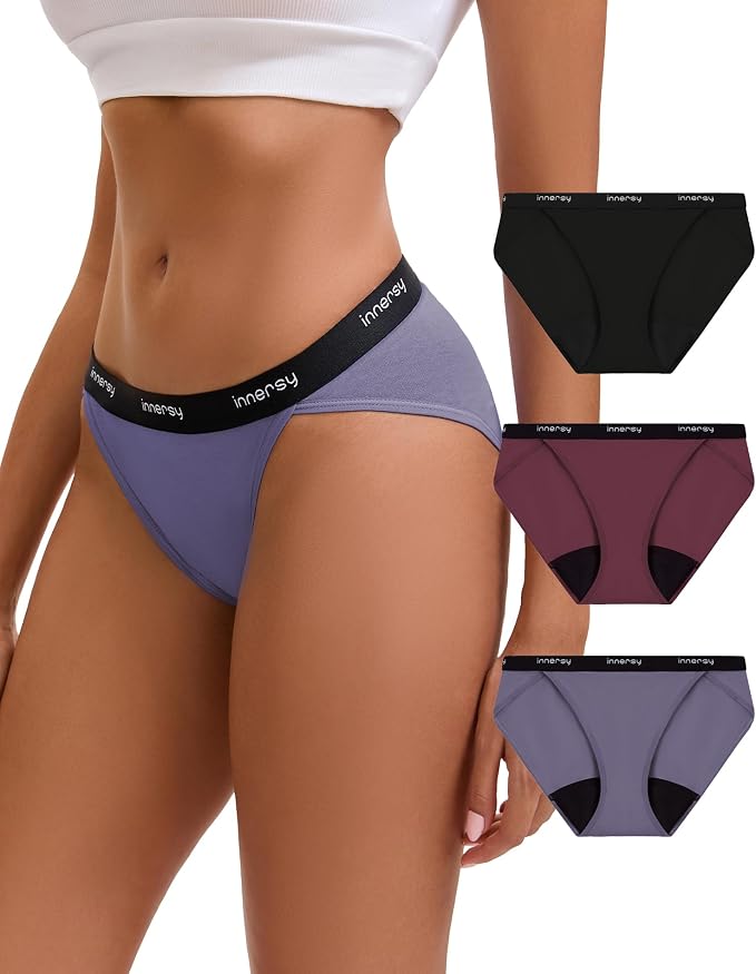INNERSY Period Underwear Bikini Cotton Leak-Proof Moderate Flow 3-Pack | High-Cut Panties, 20ml Absorbency for Menstrual and Postpartum Protection