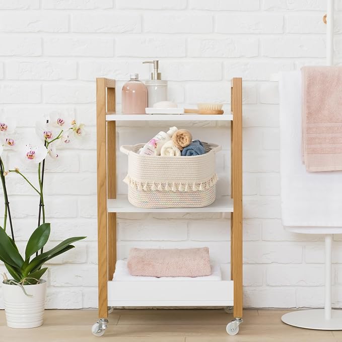 TeoKJ Woven Baskets for Storage, Set of 3 Cotton Rope Basket with Handle for Decor and Storage, Cute Baskets for Organizing in Classroom, Kitchen, Bathroom, White & Stitches Rainbow