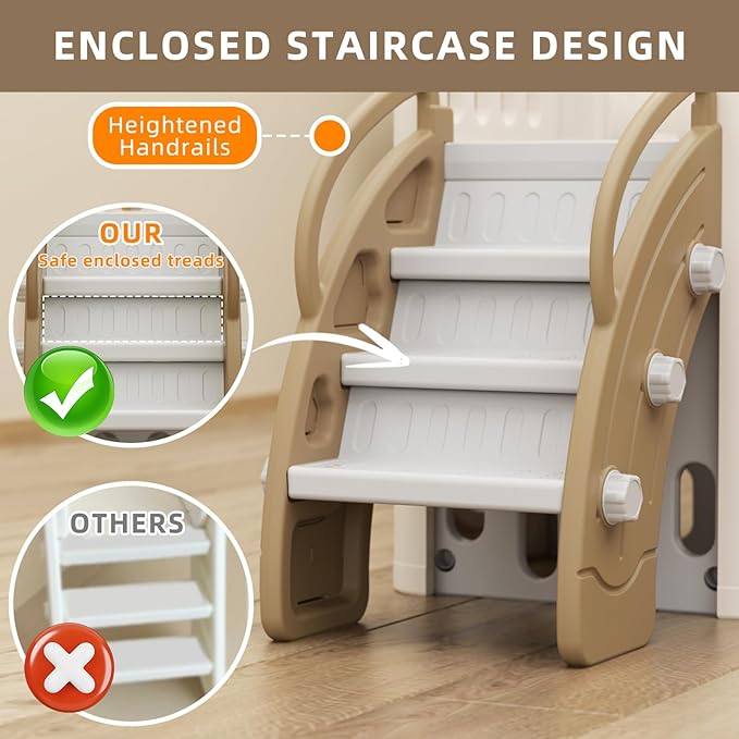 XJD 9 in 1 Toddler Slide, Jungle Double Slide Playset with Basketball Hoop, Tunnel and Storage Space, Outdoor Indoor Slide for Toddlers Age 1+,Tree House Design Toddlers Playground (Brown)