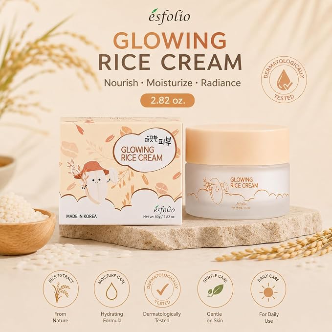 esfolio made in Korea Rice Facial Cream 2.82 oz (80 g) Daily Moisturizing Face Cream with Rice Extract, Lightweight and Smooth Texture, Facial Skin Care Moisturizer for Morning and Evening Use
