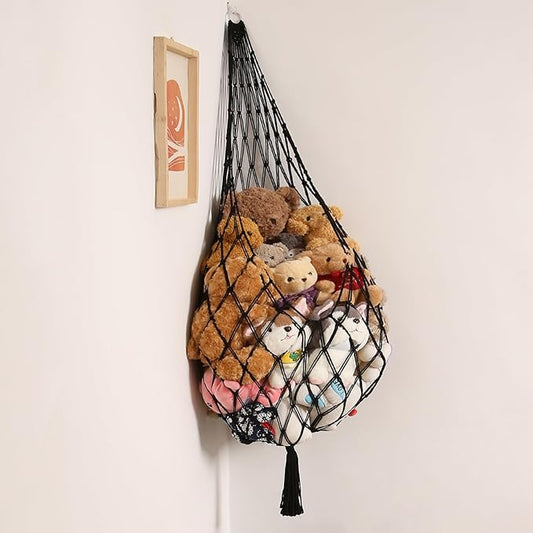 Stuffed Animal Hammock Corner Hanging Net for Stuffy Animal Storage Macrame Toy Display Plushie Toy Holder-Perfect for The Tiny Space Walls, Kid Bedroom Decor Playroom Organizer (Black XL)