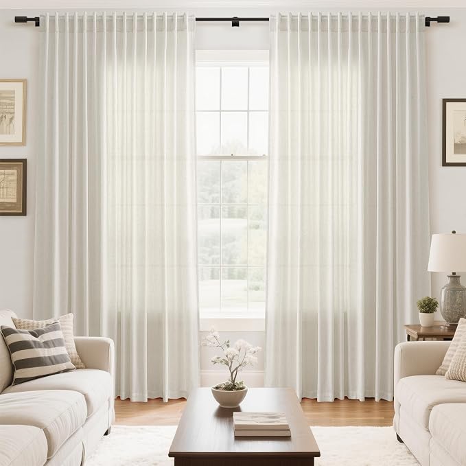 Nanspring Extra Wide 100x96 Inch Linen Curtains for Living Room Divider Light Filtering Semi Sheer Patio Curtains for Sliding Door Natural Coastal Decor Sunroom Floor to Ceiling Window Curtain