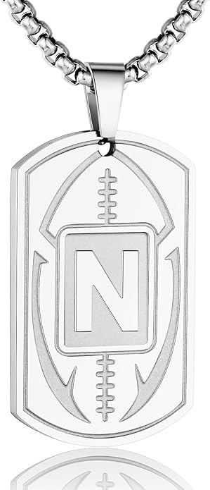Initial A-Z Dog Tag Necklace for Men - Football Charm Pendant, Stainless Steel Chain 22+2 Inches, Personalized Sports Athletes Jewelry Gift