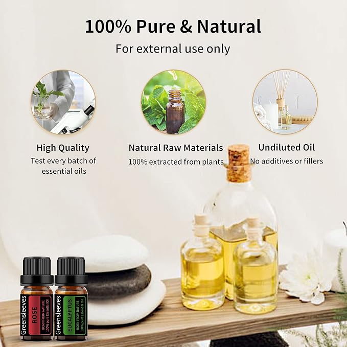 GREENSLEEVES Rose Eucalyptus Essential Oil Set, 2 x 10ml Pure Plant-Based Fragrance Oil for Aromatherapy, Essential Oils for Diffuser, Massage, Bath Bomb, Scented Candle Soap Making