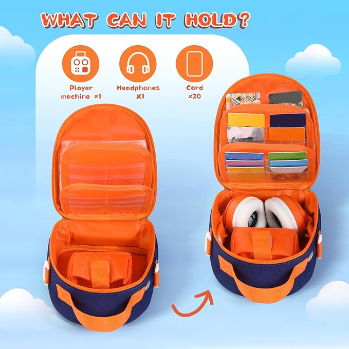 Carrying Case Compatible with Yoto Mini (2024 Edition),30 Cards Storage Bag with Handle and Shoulder Strap, Travel Storage box for Player & Headphone Accessories (Blue)