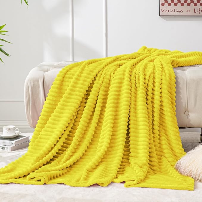 BEDELITE 3D Ribbed Jacquard Yellow Fleece Twin Blanket for Bed, 60x80 Inch | Soft Warm Decorative Fluffy Blanket, Cozy Plush Lightweight Fuzzy Throw Blanket for Couch Sofa Room Decor, Gift for Women