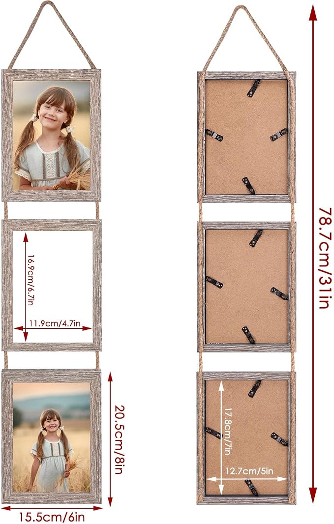 QUTREY Collage Picture Frame 5x7, 6 Openings Vertical Hanging Photo Frame Set of 2, 5 by 7 inch Multi Picture Frames for Wall, Rustic Grain