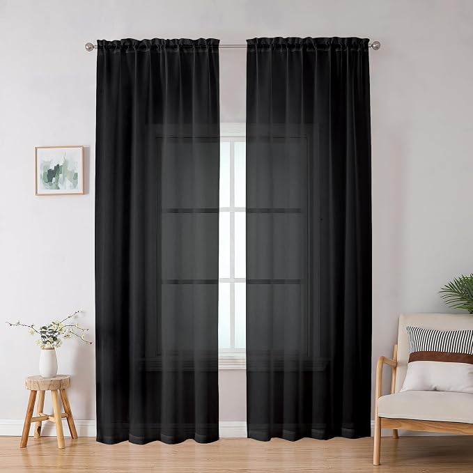 OWENIE Black Sheer Curtains, Sheer Curtains 78 inch Length 2 Panels Set, Rod Pocket Voile Fimly Sheer Drapes for Living Room/Bedroom, 2pcs, Each 42" W x 78" L, Black