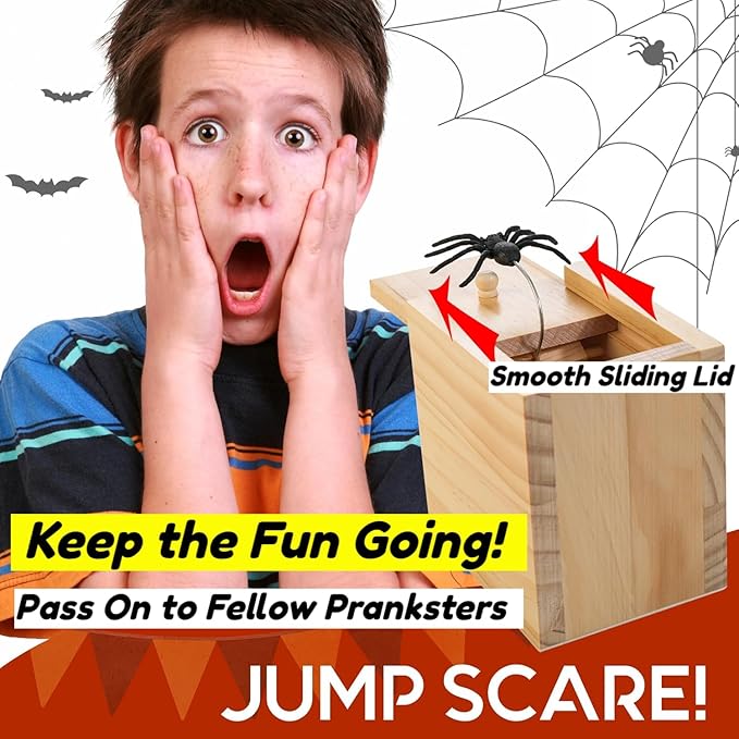 Large Spider Prank Box Gag Gift for Adults and Kids, Funny Wooden Box Spider Prank Toy, Halloween, Christmas, Birthday, or Anniversary Surprise Gift for Card Ring Chain Money, Practical Joke Toy