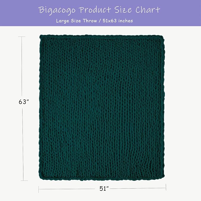Bigacogo Chunky Knit Throw Blanket for Couch, 51x63 inches, Dark Green | Hand Knit with Jumbo Chenille, Soft Breathable Cable Knit for Sofa Bed Living Room, Machine Washable, Gift for Mom Friend