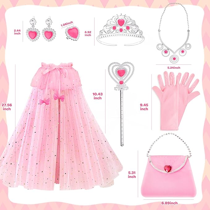 Princess Dress Up Clothes for Little Girls, 10 Pcs Toddler Dress Up Toys, Princess Cape with Crown, Wand, Jewelry, Princess Play Toys Gifts for 3 4 5 6 Year Old Girls(Pink)