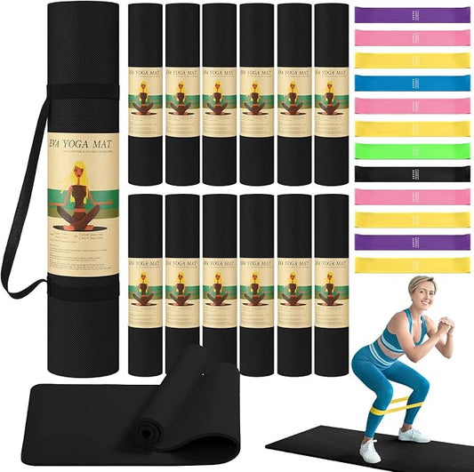 Hoolerry 36 Pieces Yoga Mats Sets Includes 12 Pcs Yoga Mats Bulk 68” x 24” x 6mm Thick Exercise Mat Non Slip 12 Resistance Bands 12 Carrying Straps for Women Girls for Gym Pilates