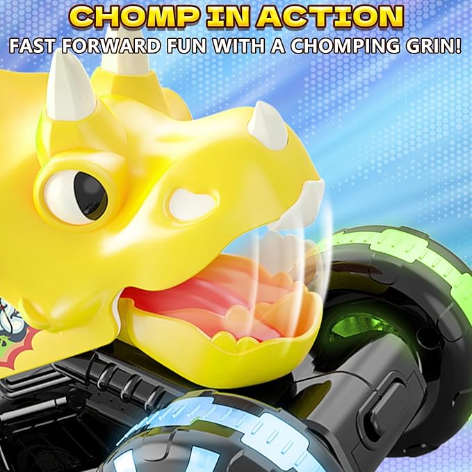 Yellow Triceratops Dino Monster Truck – Toddler Push Car Toy with LED Wheels – Press & Go Dinosaur Toy Vehicle for Kids Ages 2 3 4 5 – Chomping Mouth Light-Up Action Toy for Boys Girls