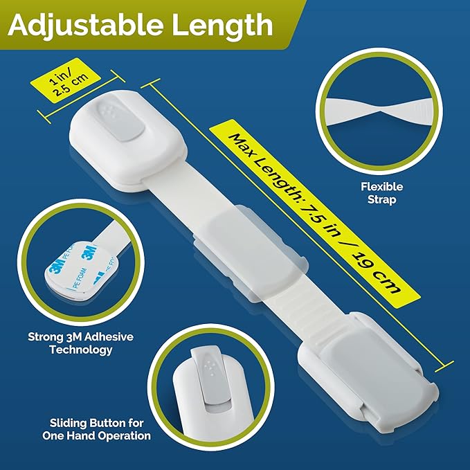 Child Safety Strap Locks (8 Pack) Baby Locks for Cabinets and Drawers, Toilet, Fridge & More. 3M Adhesive Pads. Easy Installation, No Drilling Required, White/Gray