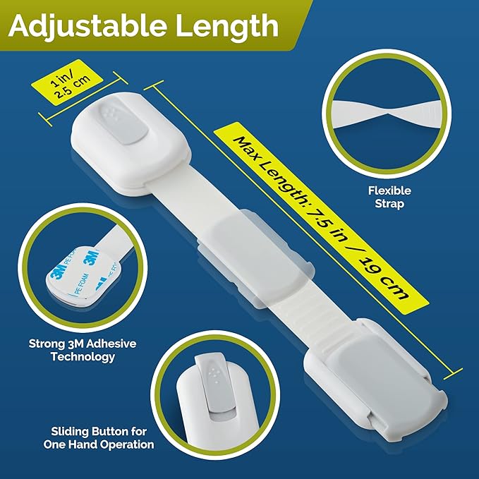 Child Safety Strap Locks (4 Pack) Baby Locks for Cabinets and Drawers, Toilet, Fridge & More. 3M Adhesive Pads. Easy Installation, No Drilling Required, White/Gray
